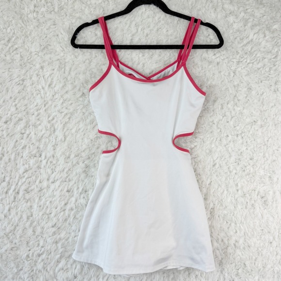 Free People FP Movement White Red Trim Cutout Mini Dress Built in Shorts Size S - Picture 1 of 11